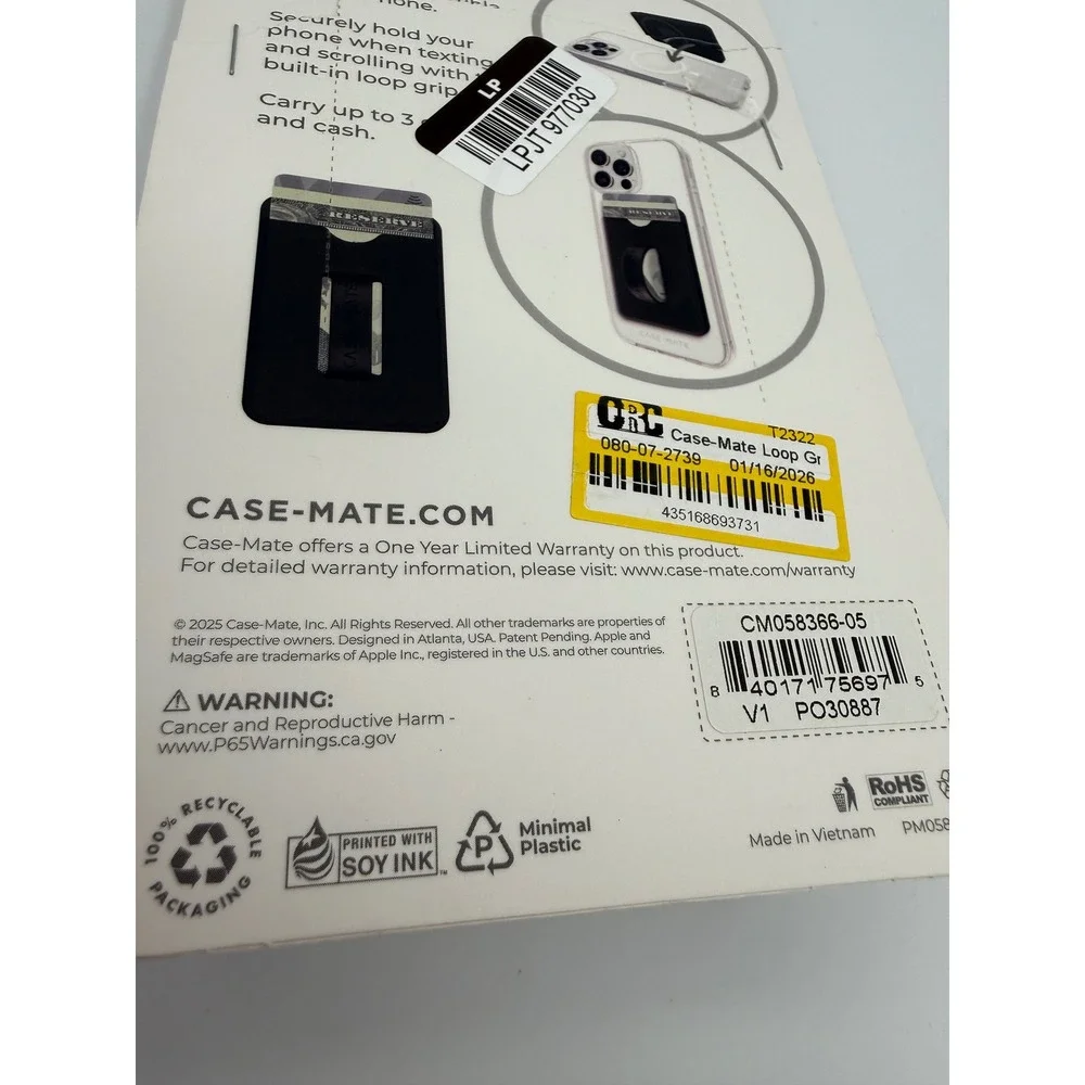Case-Mate Magnetic Loop Grip Wallet Unisex OS Black New MagSafe Card Holder‎
